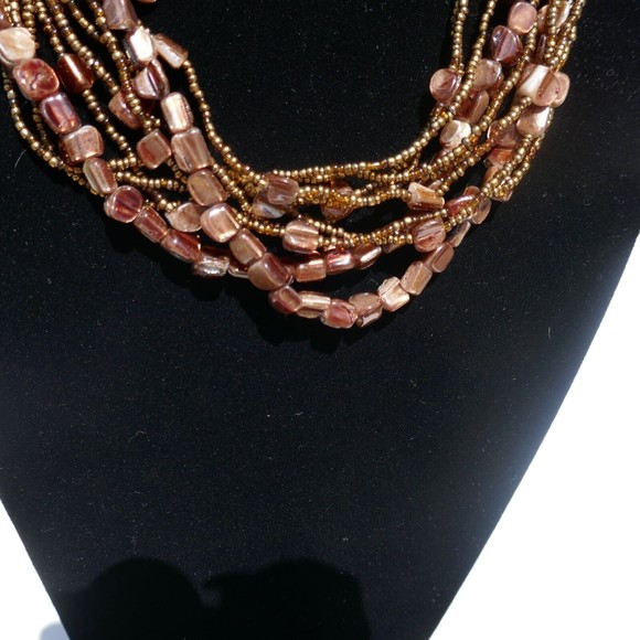 Vintage Seed Bead Shell Necklace Brown Multi-Strand 17 inch Mother of Pearl - Picture 2 of 5